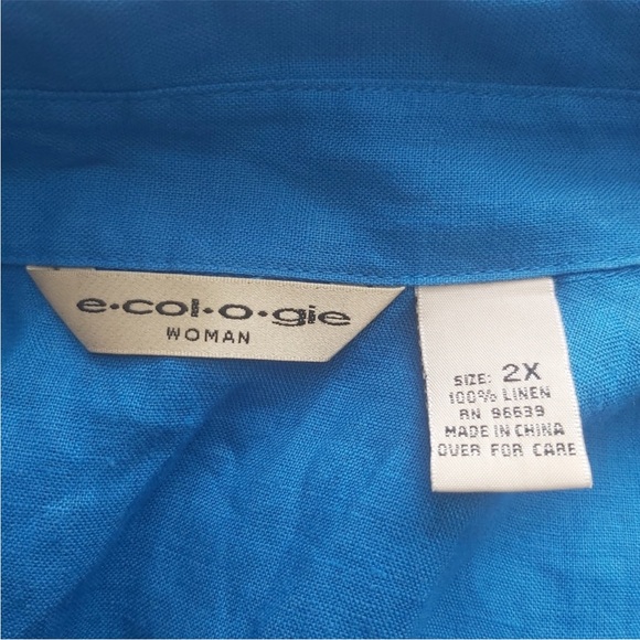 Ecologie linen top size 2X blue button down short sleeves collared shirt - Picture 9 of 11